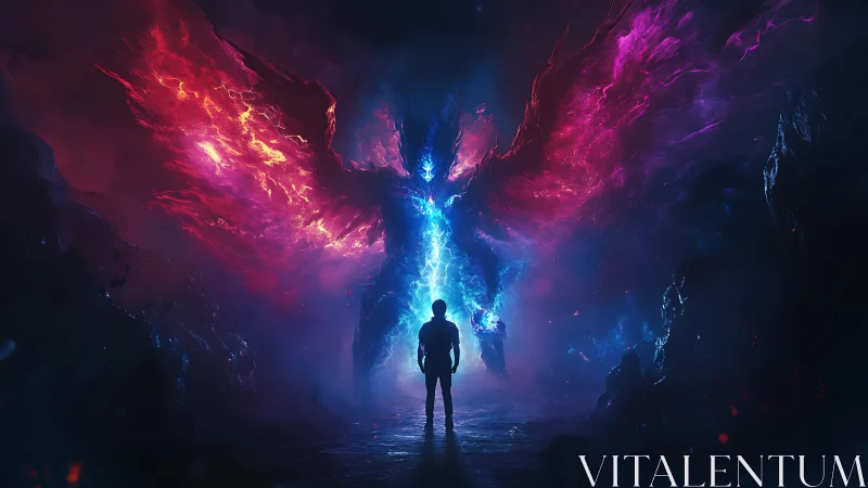 Silhouette confronts towering elemental energy being