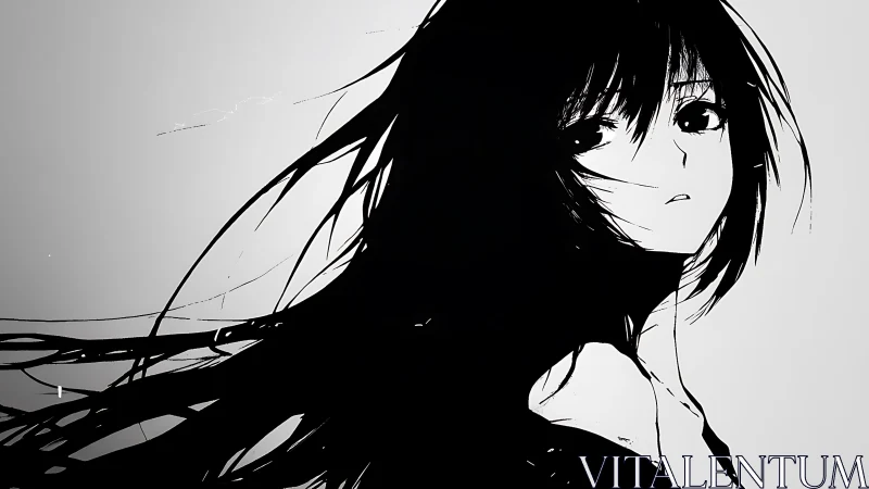 Monochrome anime portrait with windswept hair and stark contrast