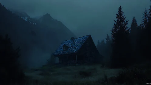Midnight fog cradles a lonely cabin in watchful silence