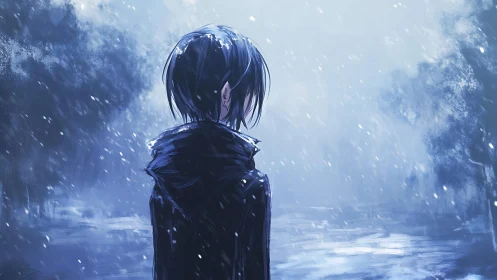 Solitary figure in snowfall beside a misty winter lake.