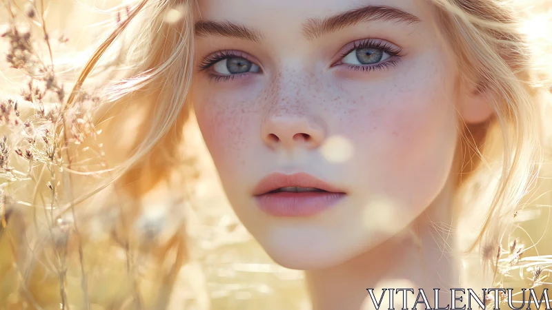 Sunlit freckled portrait glows softly in golden meadow.