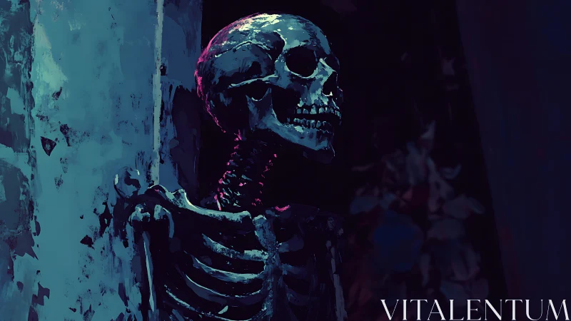 Nocturnal skeleton study in cinematic neon chiaroscuro.