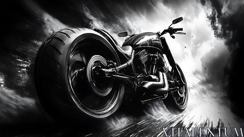 Custom motorcycle accelerates through monochrome storm scene