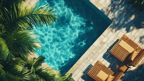 Tropical pool terrace with teak loungers and lush palm canopy.
