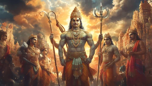 Divine warrior leader stands before ancient temple city