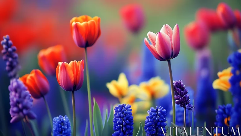 Vibrant Spring Garden with Blooming Tulips and Hyacinths