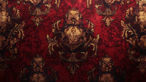 Ornate damask pattern repeats on textured red fabric