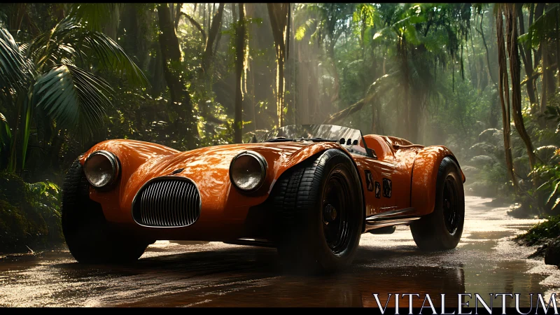 Retro orange race car cuts through misty jungle track.