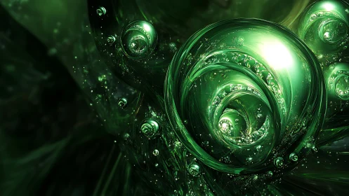 Emerald fractal spheres forming luminous abstract vortex.