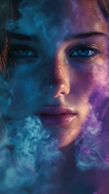 Close portrait of freckled woman in blue and purple smoke.