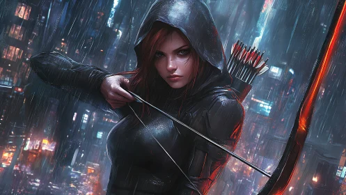 Hooded archer poised in neon drenched cyberpunk downpour.
