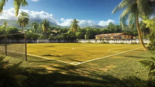 Tropical rural football pitch with palm trees and mountains
