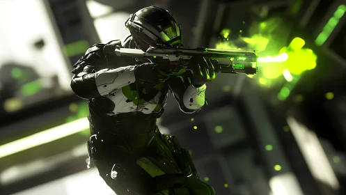 Armored space soldier fires neon plasma shotgun mid-leap.