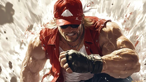 Muscular fighter charges forward through explosive dust.