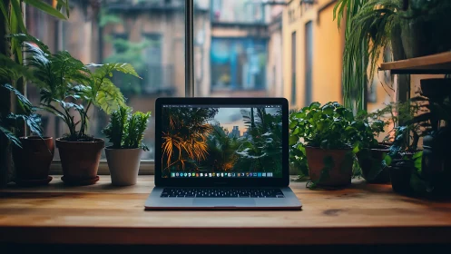 Laptop rests on wooden desk amid lush potted plants by window