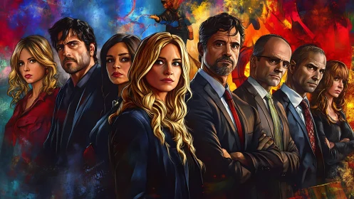 Serious ensemble stands against vibrant abstract background