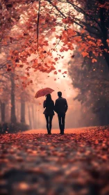 Two people walk together under red umbrella in autumn foliage