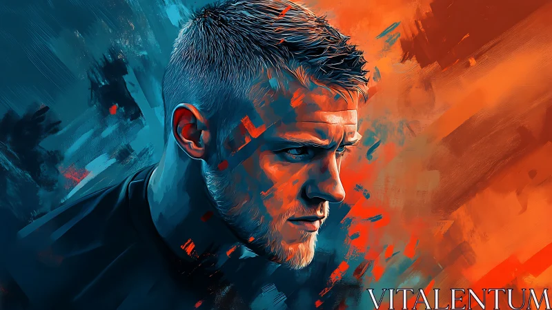 Male portrait splits cool teal and fiery orange tension.