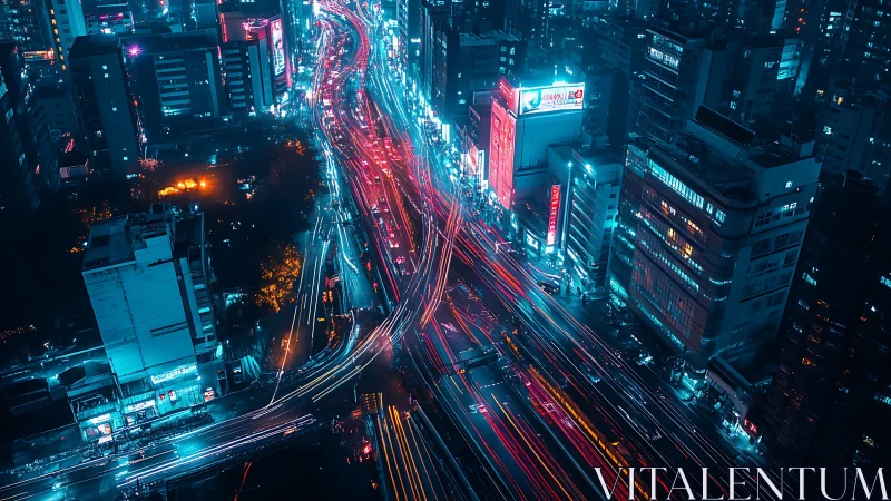 Urban night traffic corridors with neon-lit high-rise structures.