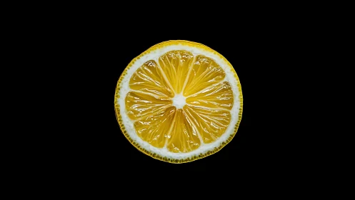 Lemon slice glows against deep black background in focus.