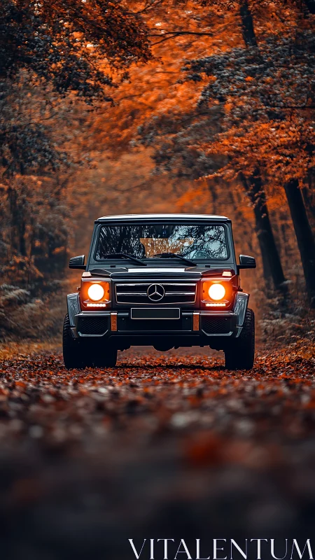 Front-facing Mercedes G-Class in saturated autumn forest corridor.
