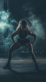 Strong female athlete holds power stance in smoky gym