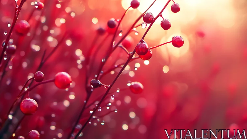 Macro red berries with sunrise bokeh droplets glow.