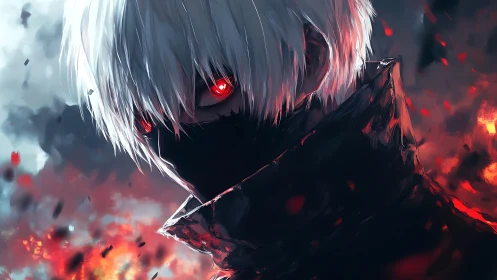 High-contrast anime portrait with fiery atmospheric depth.
