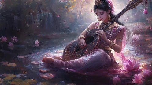 Lotus pond serenade with a tranquil veena goddess figure.