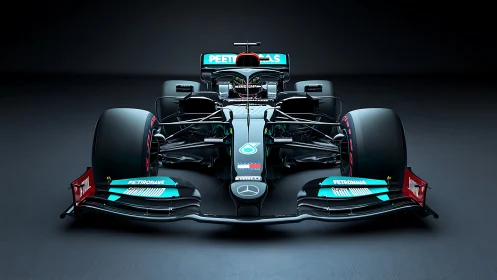 Front-perspective render of teal-accented Formula race car.
