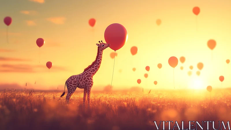 Sunset-tall giraffe gently tests the sky with red balloons