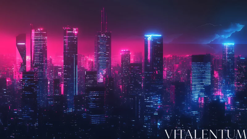 Cyberpunk neon skyline over dense futuristic megacity.
