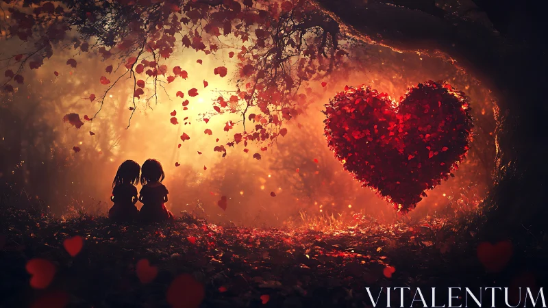 Silhouetted Couple Beneath Burning Heart-Shaped Formation in Autumn Forest.