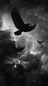 Soaring ravens carve a dark path through starry storm clouds.