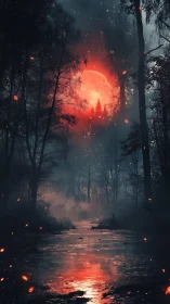 Red lunar disc over dense forest and reflective waterway.