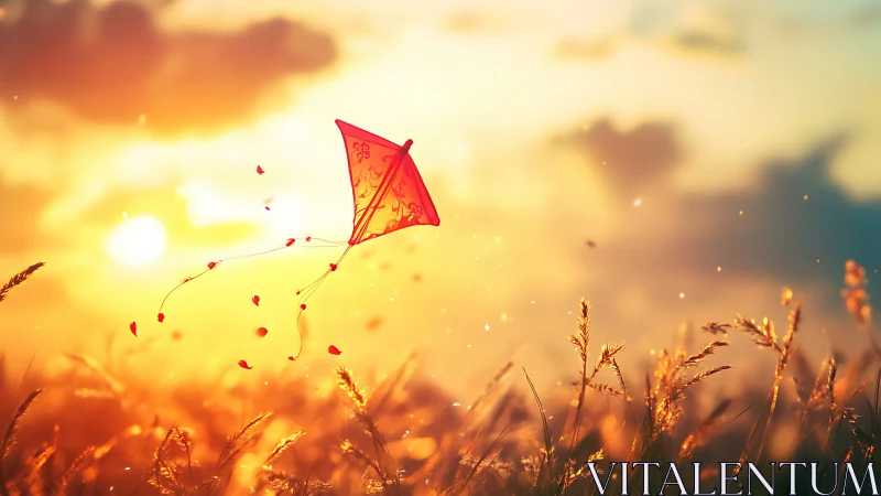 Red kite drifting over golden sunset meadow sky.