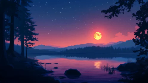 Lunar-reflective alpine lake at twilight in digital gradient rendering.