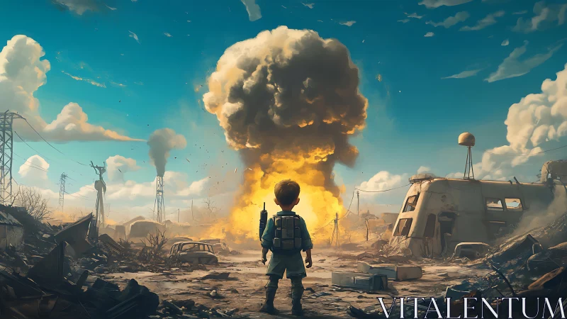 Young survivor watches a distant explosion reshape the horizon