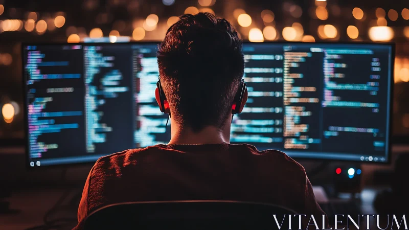 Programmer coding at night in front of wide monitors.