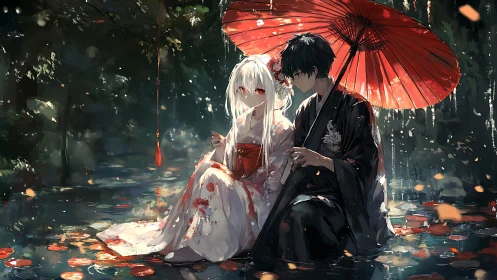 Anime couple under red umbrella in reflective forest rain.
