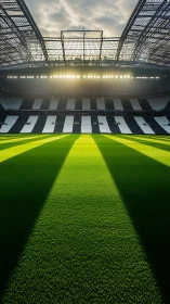 Sunlit football stadium interior with striped seating tier.
