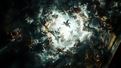 Baroque celestial ceiling swirls with mythic divine figures.