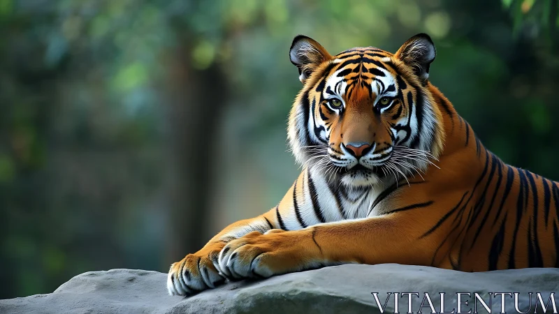 Calm Bengal tiger resting on rock in forest setting.