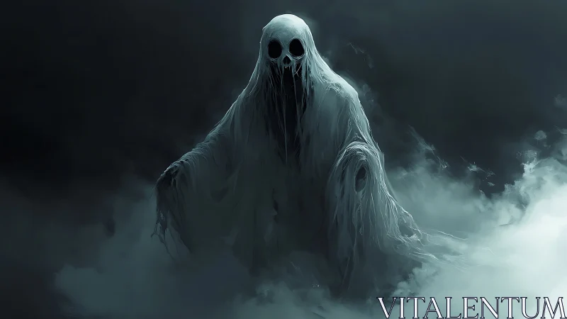 Shrouded phantom emerging through swirling spectral fog.