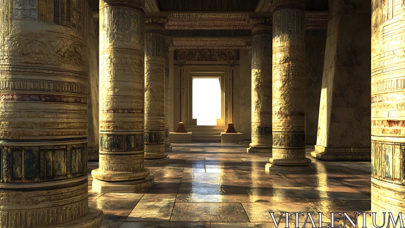 Sunlit hypostyle hall with ornate Egyptian stone columns