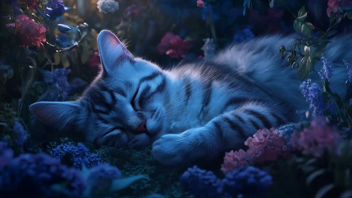 Slumbering Tabby Dreams Among Neon Blooms
