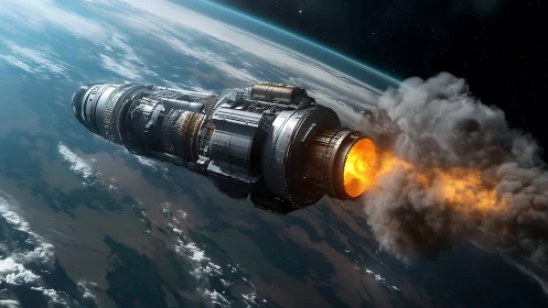 Futuristic spacecraft engine firing in low Earth orbit scene