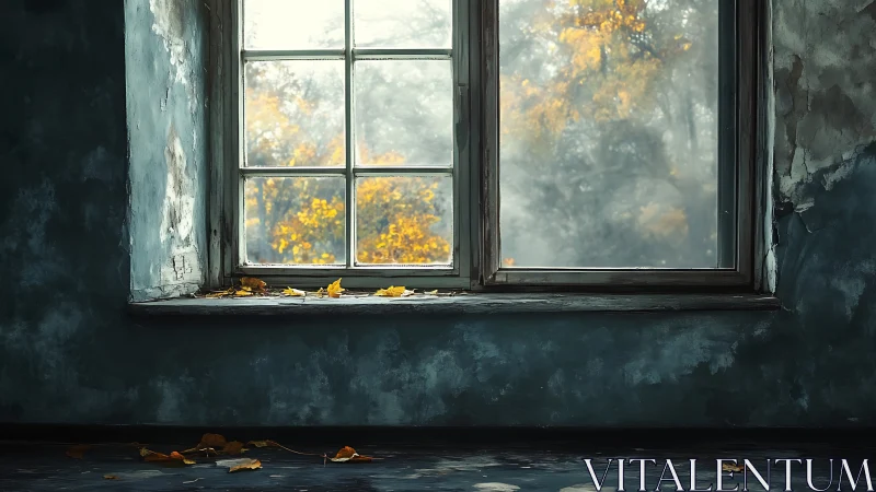 Old window with autumn leaves in a worn interior space.