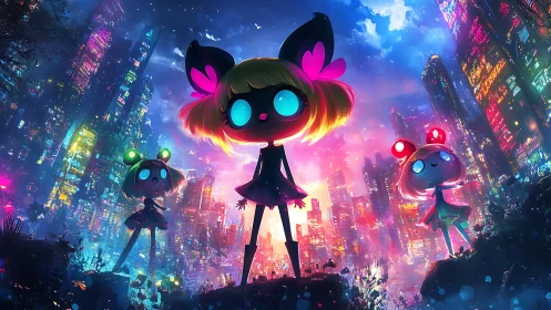 Neon-eyed chibi trio over glowing cyberpunk megacity night.