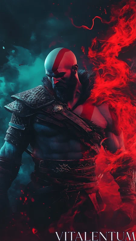 Armored warrior stands in dual-toned atmospheric flames